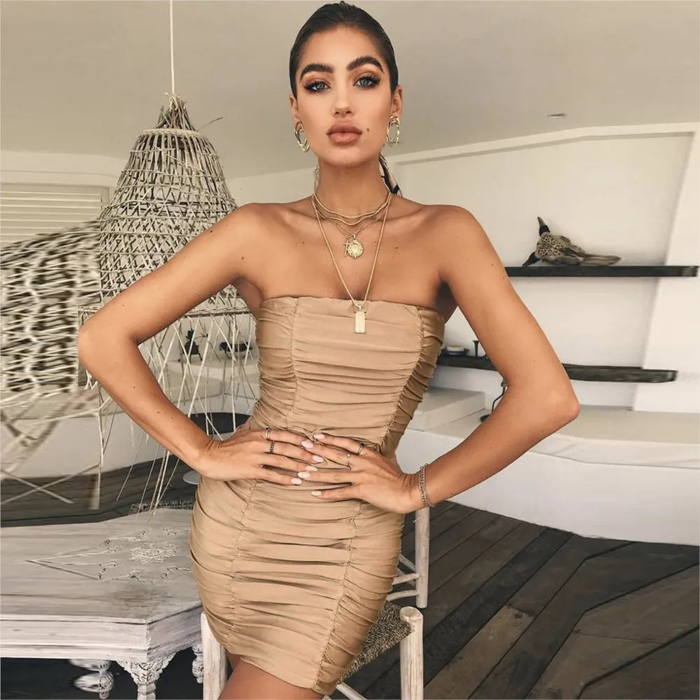 

Strapless Hip Wrap Sexy Mini Dress Ruched Summer Slash Neck Slim Bodycon Party Club Dresses Streetwear 2024 Ropa Sexy Mujer