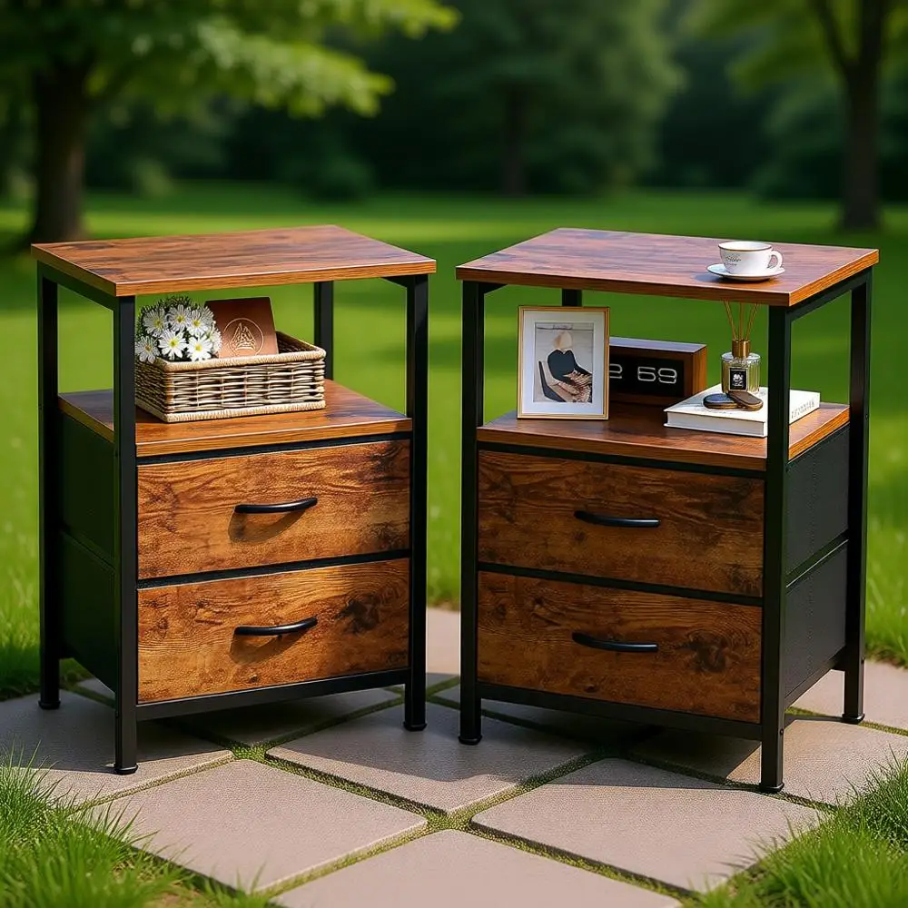 

Прикроватная тумба в деревенском стиле с деревянной столешницей, 2 ящиками и открытой полкой для спальни