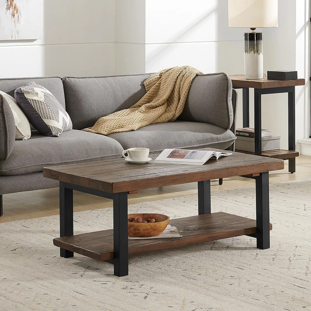 Meja Kopi Pedesaan Pomona dengan Rak Penyimpanan-Rak Kayu Solid Industri Modern dan Rak Kaki Logam-42 Inci Rumah Pertanian