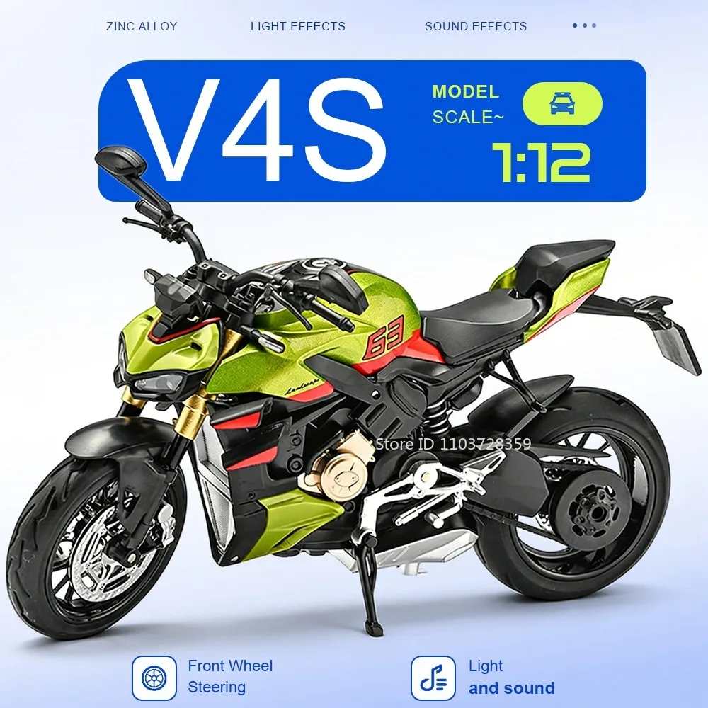 

1:12 V4S Model Miniature Toy Motorcycles Alloy Diecast Sound Light Shock Absorption Front Wheel Steering Simulation Motorbikes
