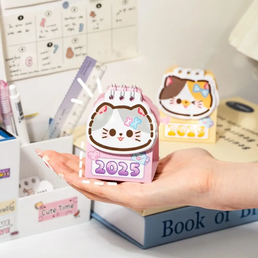Cute 2025 Mini Desk Calendar Coil Planner Cartoon Cat Desktop Calendar Daily Organization To Do List 2025 Coil Calendar School