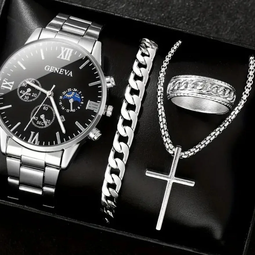 Fashion Roman Scale Quartz Wristwatch 4pcs Set Men Business Watch Fake Three Eyes Calendar Cross Necklace Bracelet Ring Set