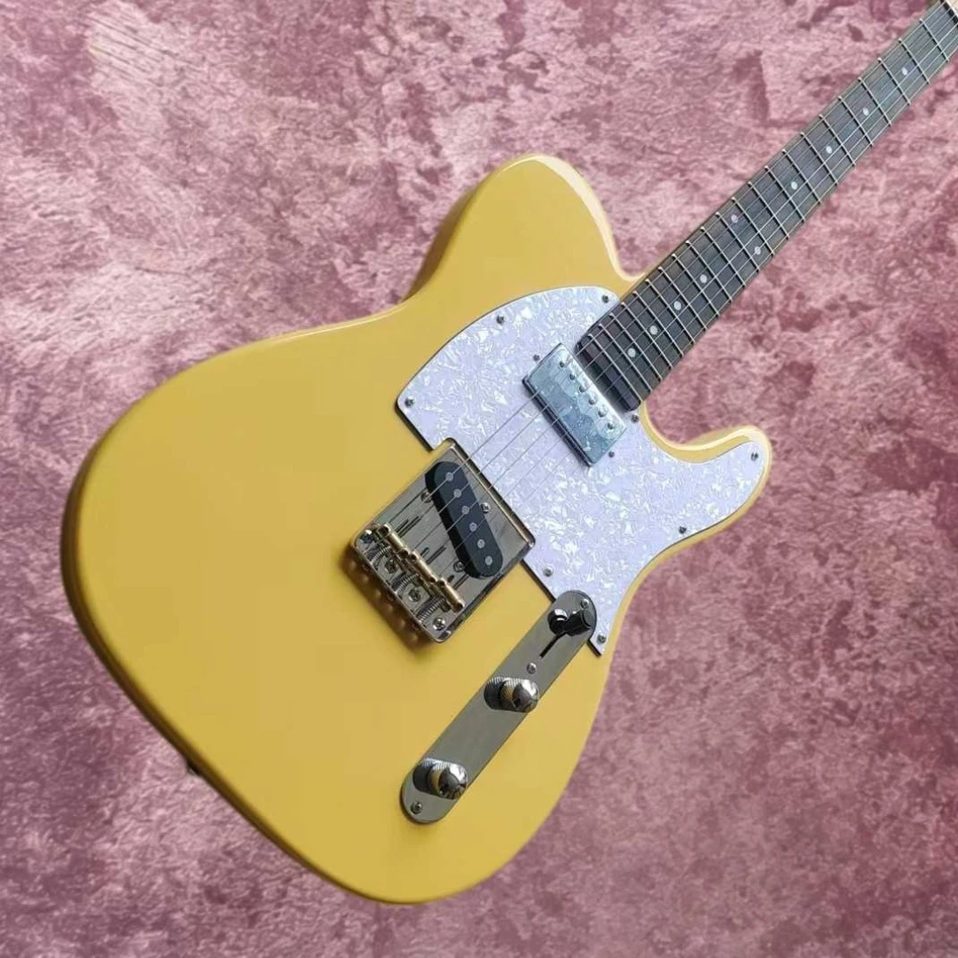 Custom 6-string Yellow Electric Guitar, Humbucker Neck Pickup, White Pearl Pickguard, Fixed Bridge, Rosewood Fingerboard