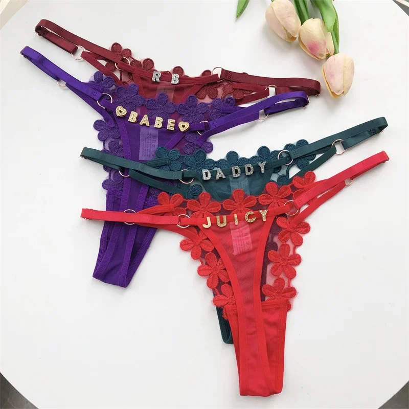 Customized Letter Sexy Women mesh three-dimensional flowers Low Waist Underwear Bikini G-Strings Adjustable Waist Underwear Gift