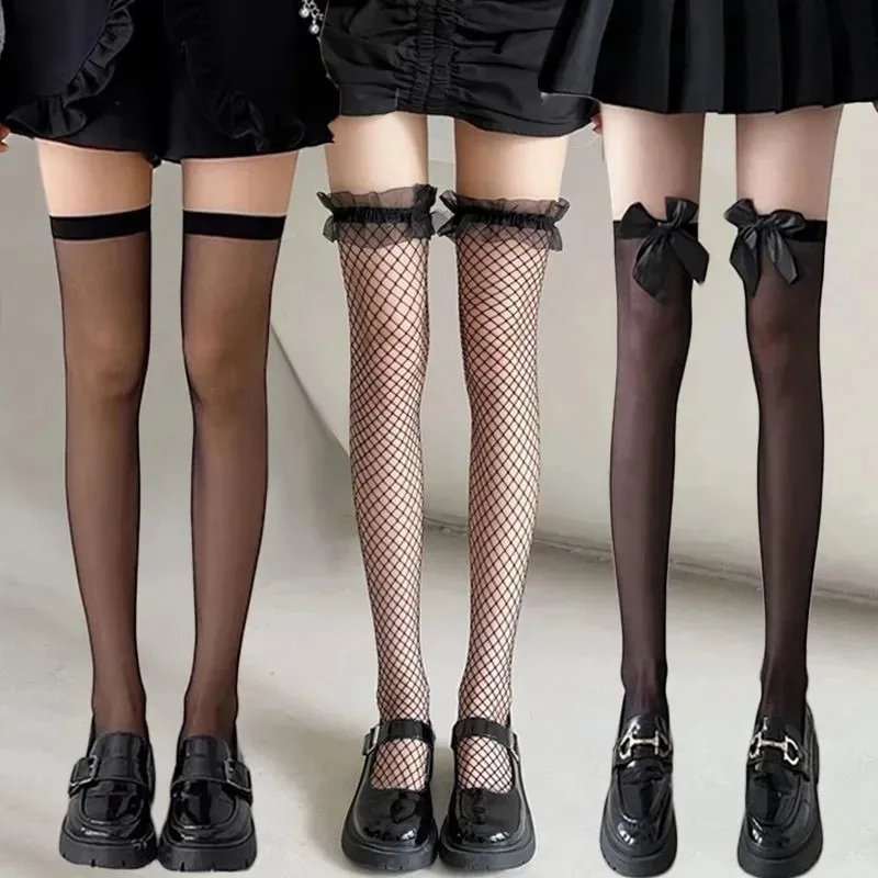 Women Sexy Lace Long Socks Thigh High Stockings JK Lolita Black White Over The Knee Socks Nightclubs Party Goth Fishnet Stocking