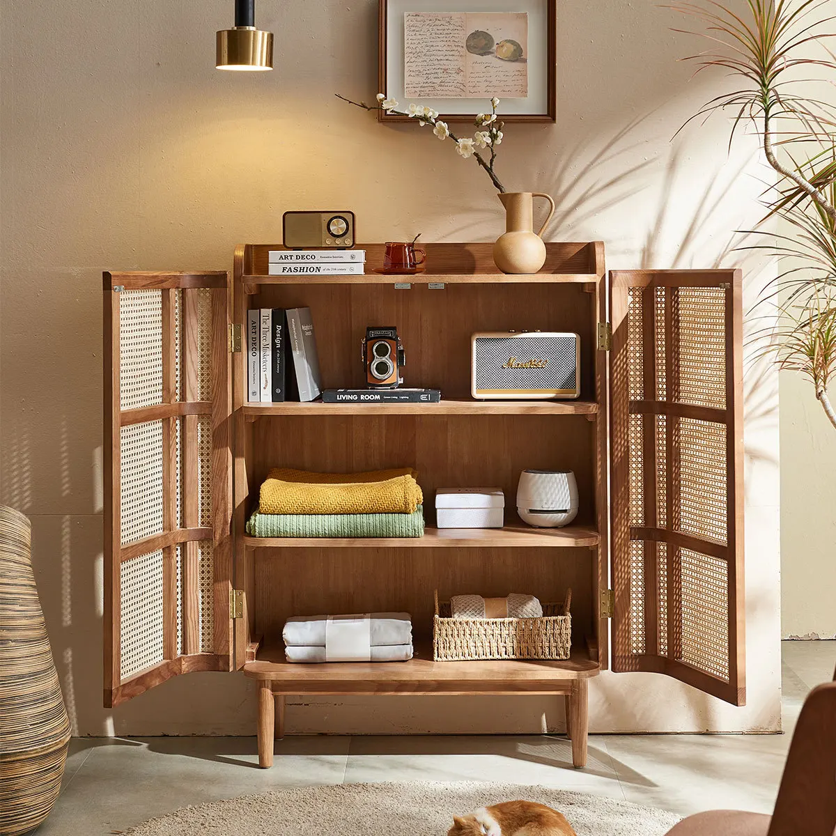 

solid wood shoe cabinet storage cabinet Japanese simple modern rattan locker small apartment living room entrance cabinet