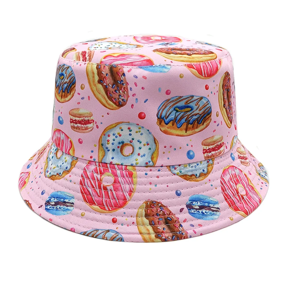 Pink Donut Print Panama Unisex Summer Outdoor Sunscreen Bucket Hat for Women Men Fashion Decorate Anti-Sun Fisherman Cap Hiphop