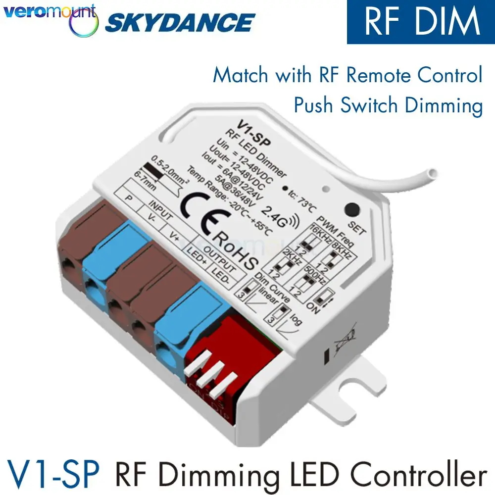 

Skydance V1-SP RF Dimming LED Controller 1CH*6A 12-48VDC Mini LED Dimmer Push Switch Dimming Funtion 3s Fade Mode RF 2.4G Remote