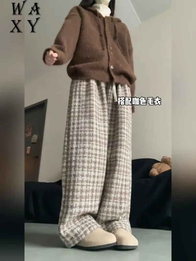 

Женские брюки, дышащие повседневные мягкие джинсовые брюки большого размера в клетку, флисовые толстые широкие брюки, женские зимние брюки высокого качества в стиле ретро