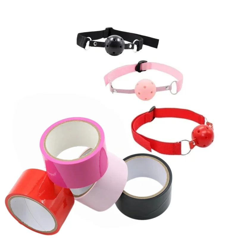 BDSM Electrostatic Binding Tape PU Hollow Solid Ball Mouth Gag Harness Adult Play Restraint Kit Erotic Accessory