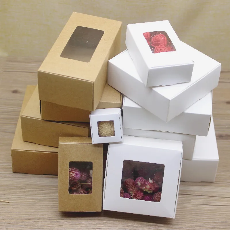 10 Square White/Kraft Window Packaging Boxes with Multiple Sizes, Wedding Party Gifts, Handmade Soap Chocolate Flat Boxes