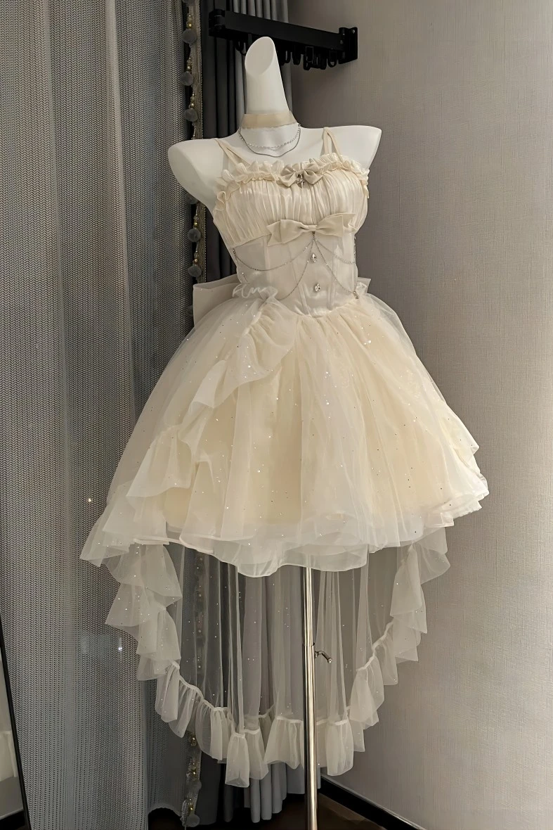 Cream Colour Dress Bride Skirt Sparkling Bow Dress Cos Lolita Princess Dress Vintage White Glitter Skirt White Skirt For Lovers