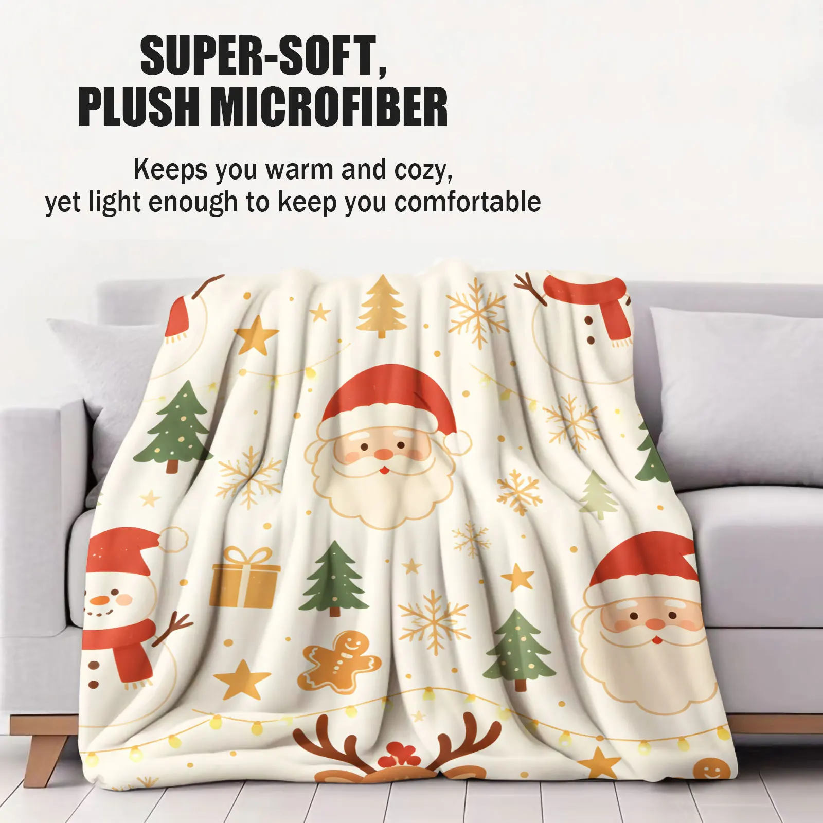 Cute Christmas Flannel Throw Blanket Santa Snowman Reindeer Xmas Tree Gingerbread Man Gift Box Print Soft Microfiber Blanket