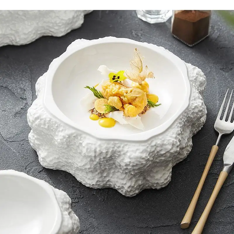 Rock Texture Ceramic Dining Plate Restaurant Double Insulated Dessert Sushi Plates Molecular Cuisine Tableware