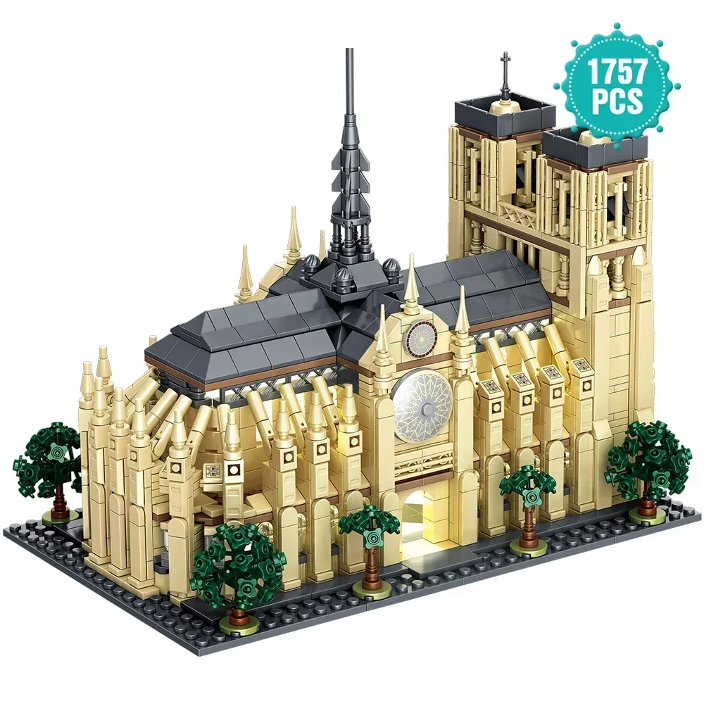 Street View Architecture Lighting Notre Dame Cathedral Collection Ornaments Small Particle Assembly Building Blocks Toys