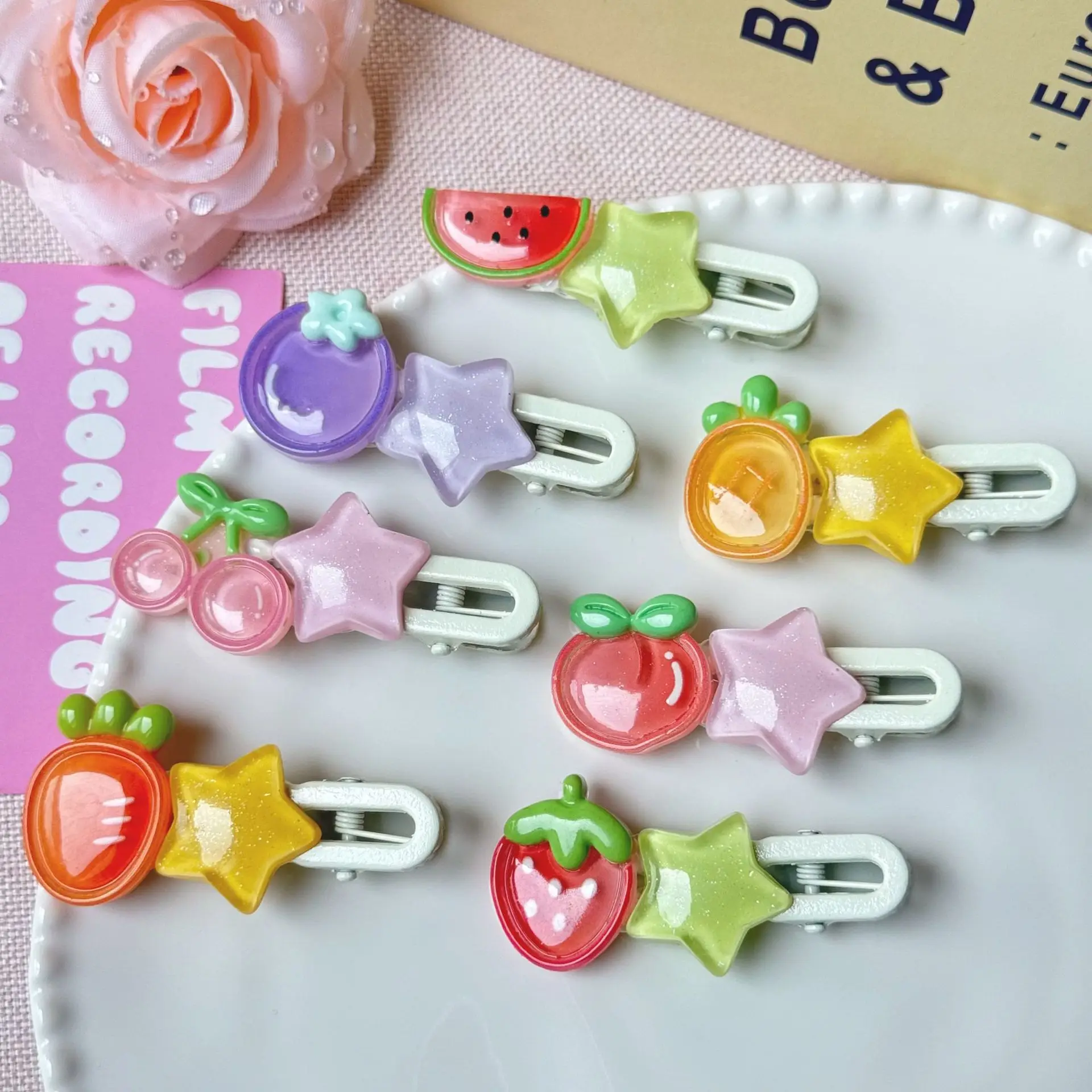 Аксессуары для волос с розовыми фруктами, 2 шт., зажимы с пятиконечной звездой, прозрачные блестящие заколки для волос, милые украшения для волос для школьниц
