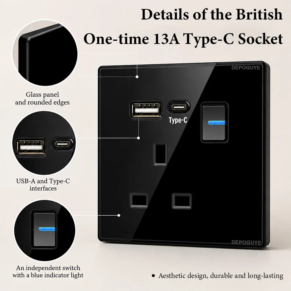 Black Tempered Glass Wall Switch Socket with LED, EU UK Standard Universal Power Outlet USB Type-C Plug for Villa Home Decor