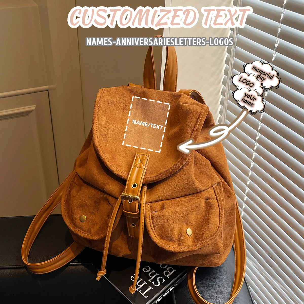 

Замшевый повседневный рюкзак в корейском стиле с логотипом для женщин, легкий бархатный женский рюкзак из оленьей кожи с двойным карманом, эксклюзивный DIY
