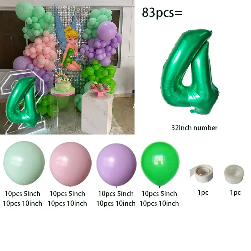 83pcs Little Fairy Balloon Green Dragonfly Princess Digital Balloon 1 2 3 4 5 6st Girl\'s Birthday Party Balloon Baby Shower Ball