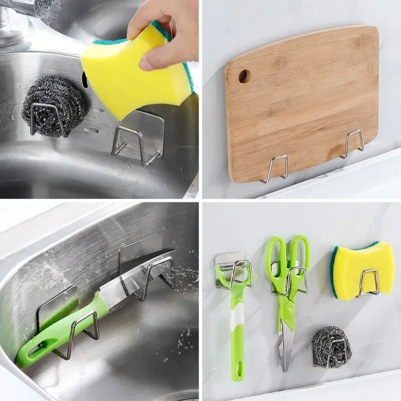 Auto-adesivo Sink Drain Racks Organizador de cozinha Suporte de esponja Cremalheira de secagem de sabão Aço inoxidável Ganchos de armazenamento de