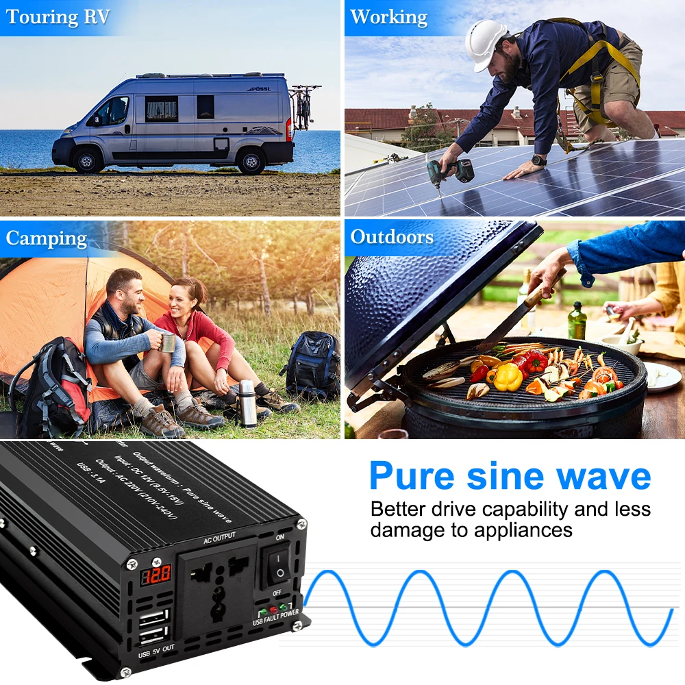 Convertidor de onda sinusoidal pura de 1000W y 1500W para coche, transformador Solar portátil de cc 12V a CA 220V con carga USB, enchufe de la UE