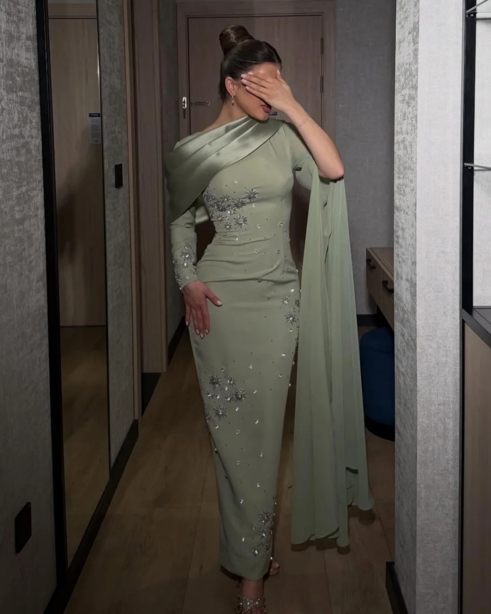 

Customized High Quality Women Jersey Rhinestone Beading Sheath Evening Dresses Classic O-Neck Long Sleeves Ankle Length Dresses