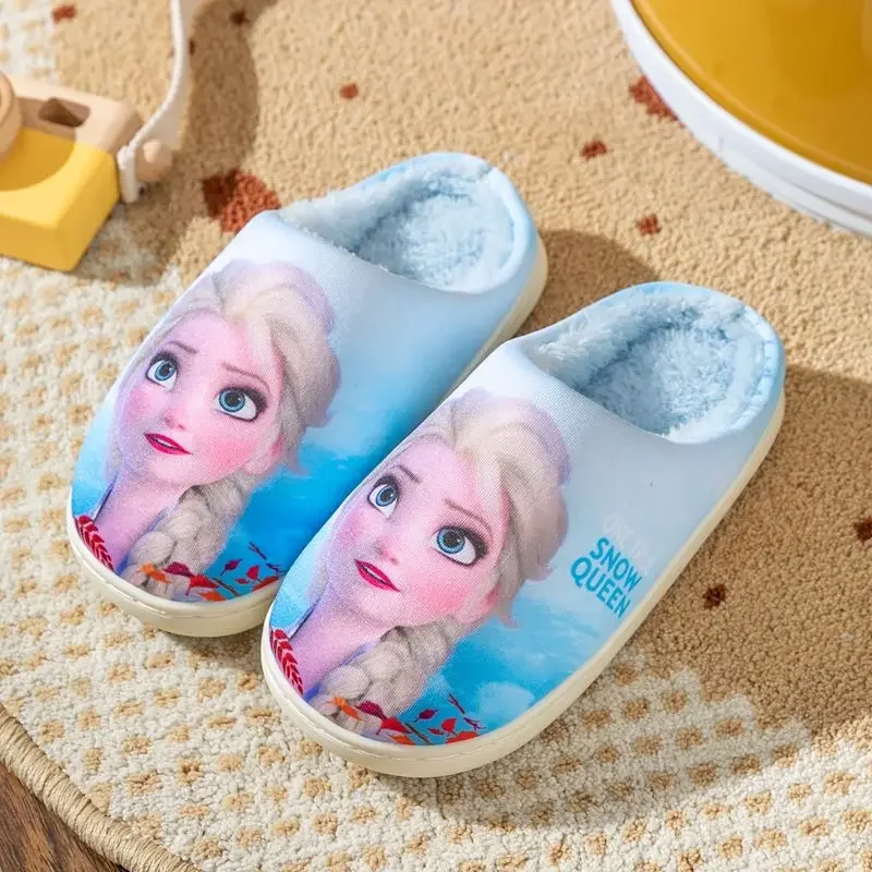 Pantoufles en coton de dessin animé Disney pour filles, pantoufles d'intérieur à semelle souple Elsa, pantoufles Anna pour petites filles, automne et hiver