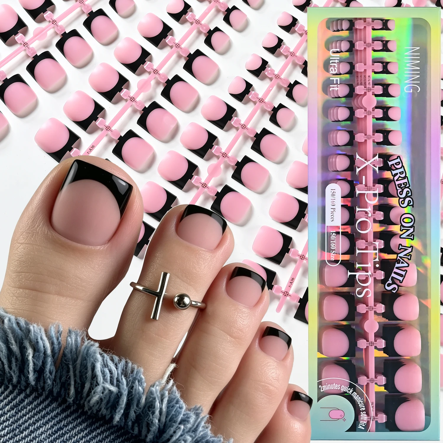 150 Stück kurze, quadratische, schwarze French-Tips-Kunstnägel für die Zehen, matte, nudefarbene, rosa Press-On-Zehennägel für den täglichen Sommergebrauch, tragbare künstliche Zehennägel. – Detail 3