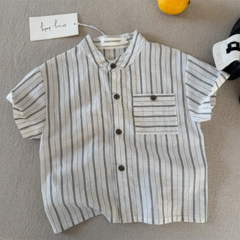 

Boys' Short Sleeved Shirt Cotton Linen Striped Stand Up Collar Thin Shirt Summer Lightweight Casual Loose Top