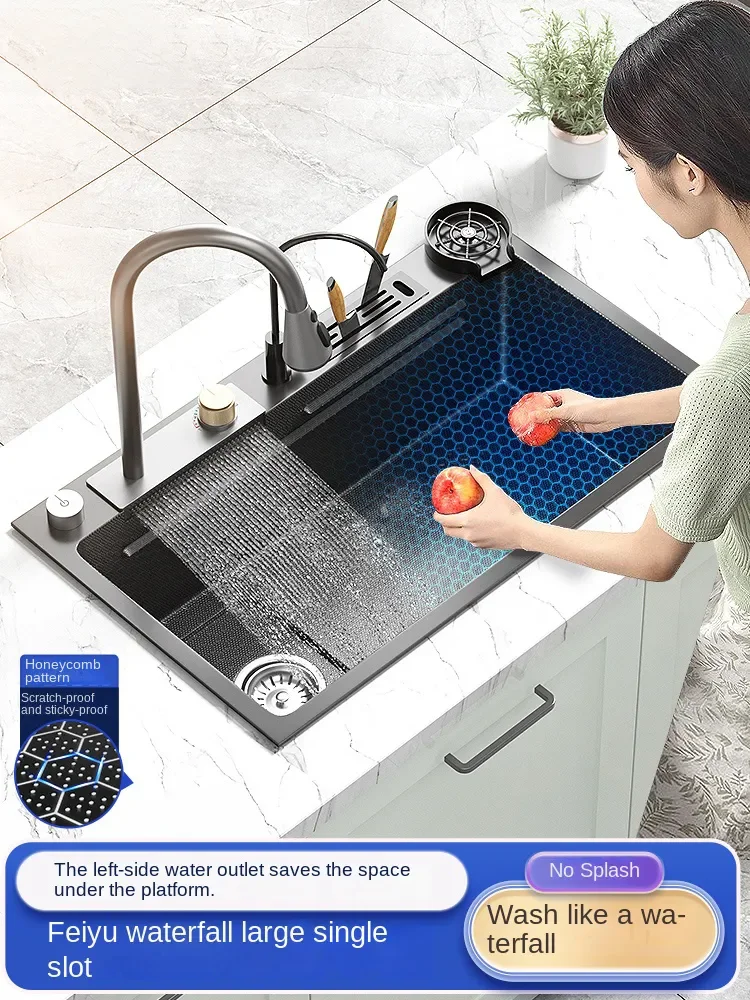 

Waterfall Sink 304 Stainless Steel Large Single-slot Household Vegetable Sink Kitchen Dishwashing Embossed Left Vegetable