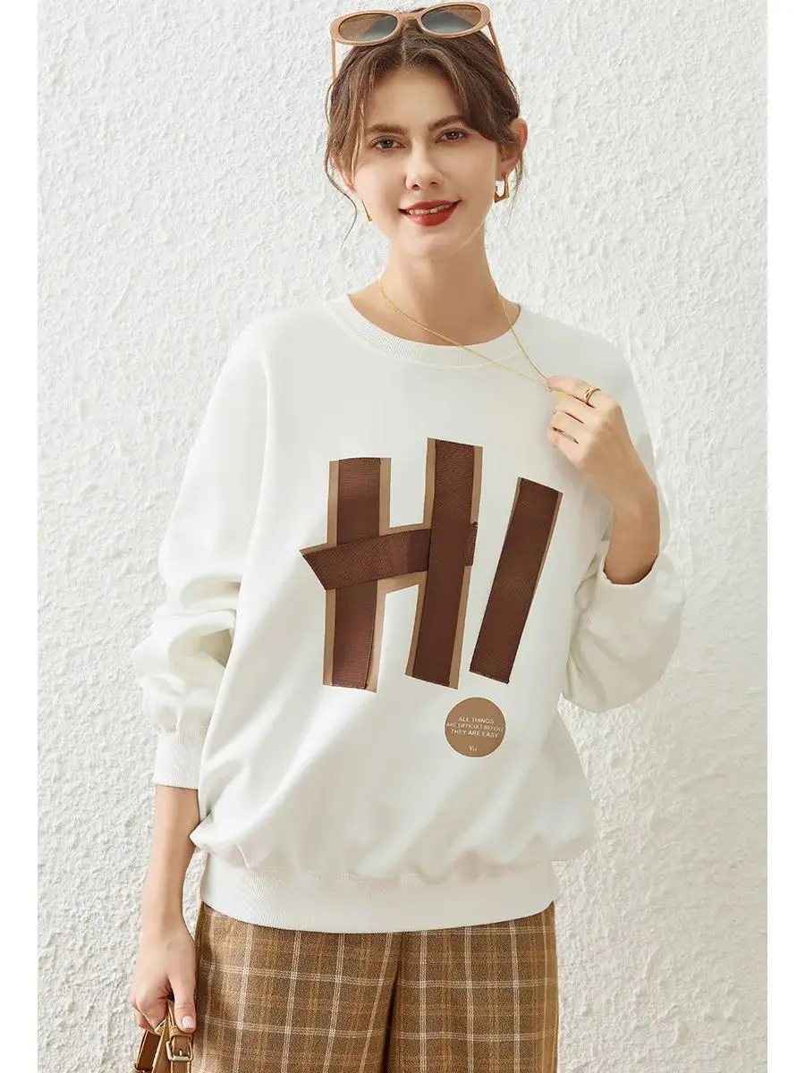 LOUIS YAO Women Sweatshirt 2023 Autumn Long Sleeve Pullover O Neck Loose Letter Printed Black and White Casual Tops