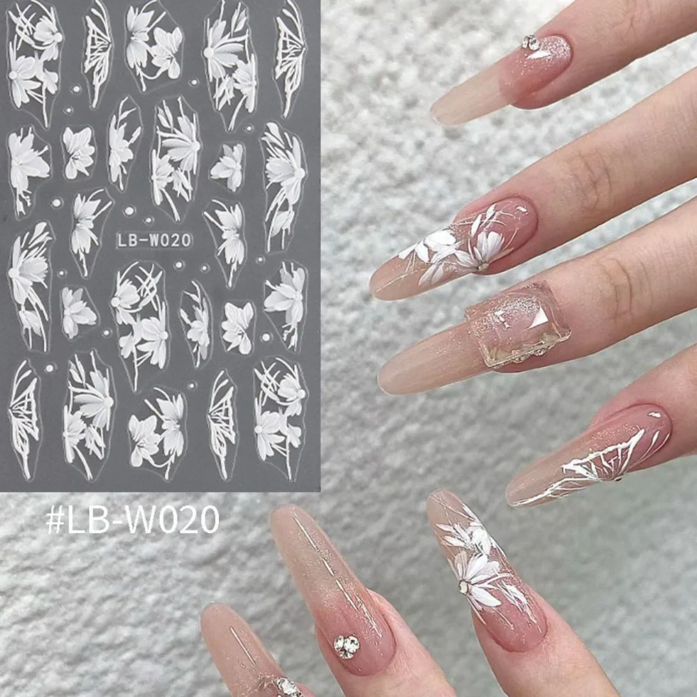 5D Embossed Flowers Nail Art Stickers Cold Floral Nail Decals White Flower Wedding Design Nail Art Supplies Manicure Decoration