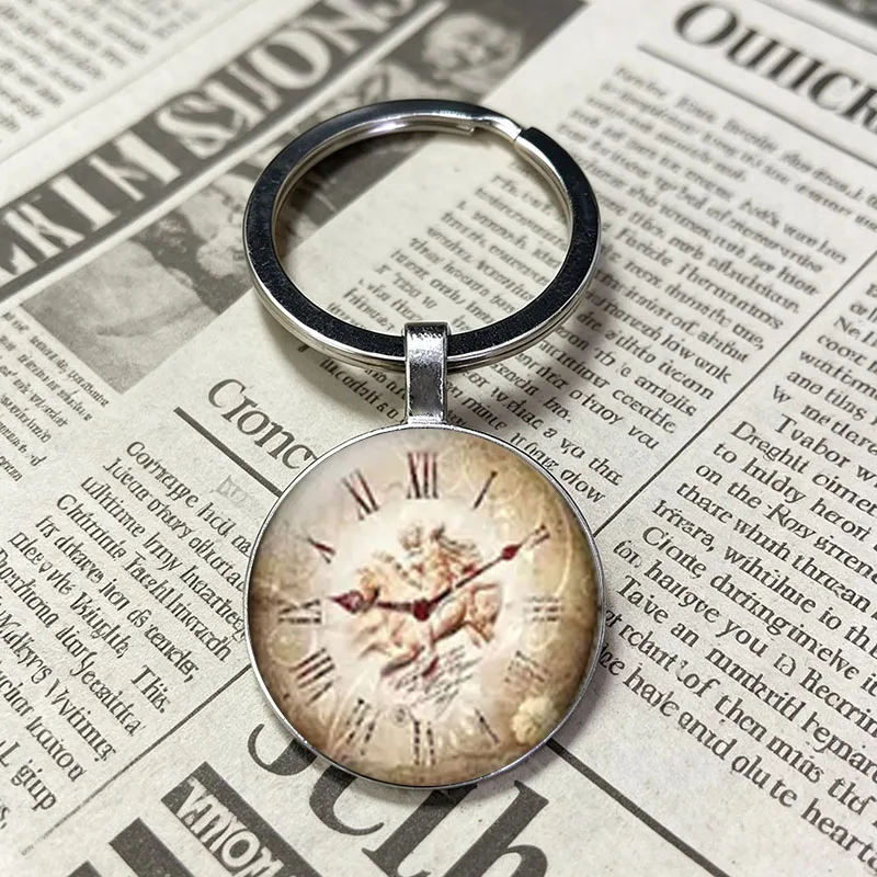 Retro Vintage Clock Series Glass Cabochon Metal Keychain, Pegasus, Alice Rabbit, Eiffel Tower Pattern Round Key Ring Charms