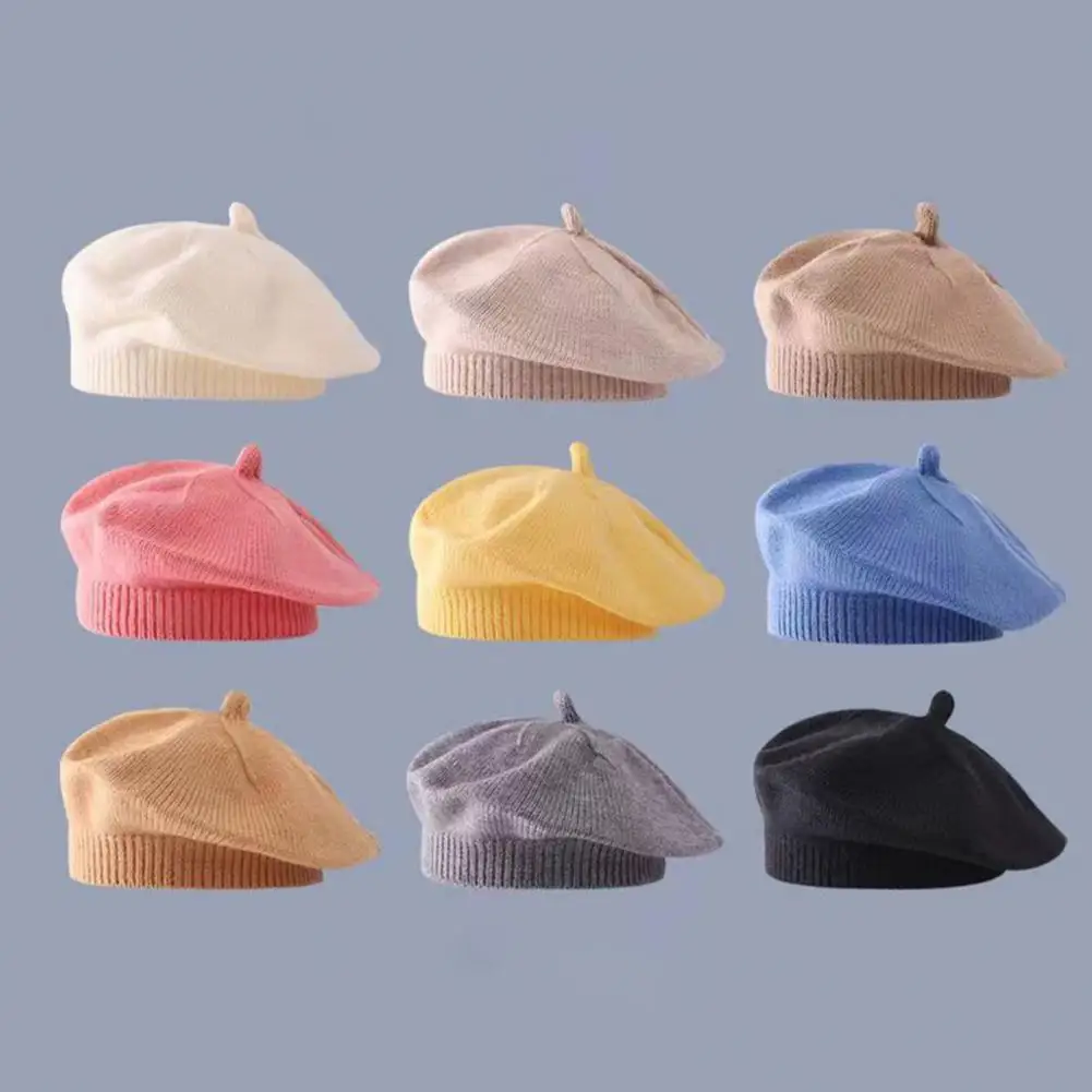 Children Painter Hat Candy Color Knitted Elastic Keep Warm Anti-slip Beanies Baby Knitted Beret Autumn Winter Cap Outdoor Bonnet