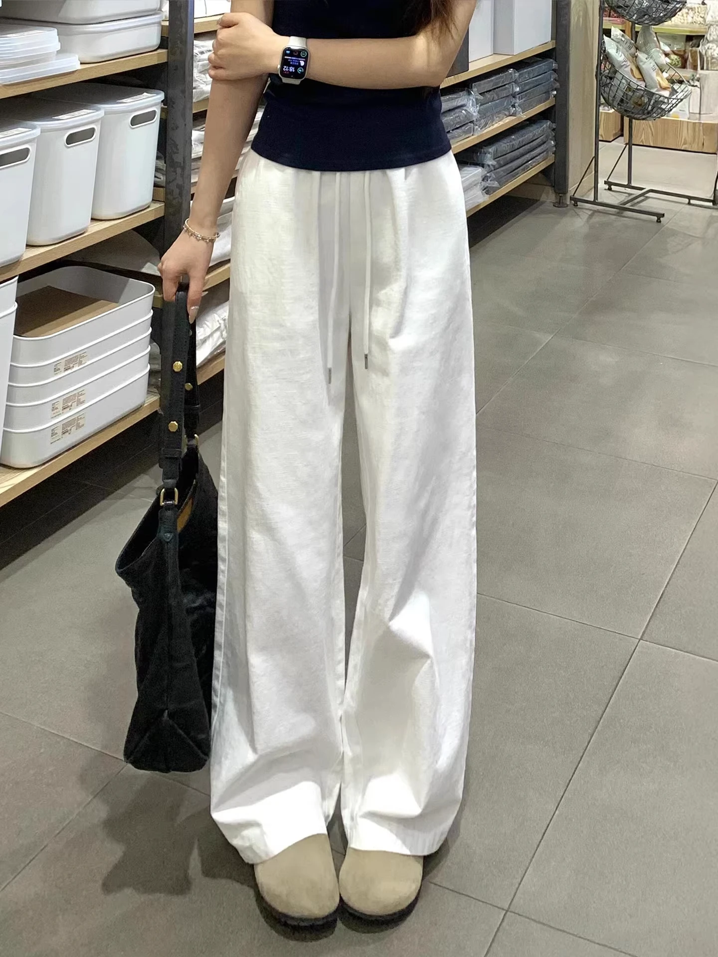 White Casual Wide Leg Pants Women's Summer Thin Sporty Loose Fit High Waist Drawstring Drapey Quick Dry Straight Leg Trousers