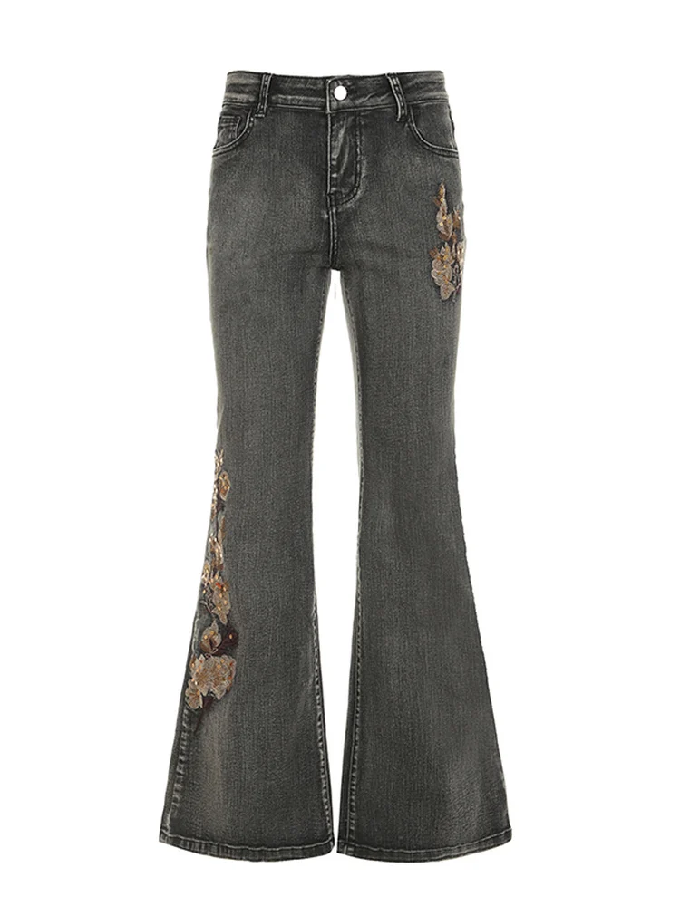 Funoff American Retro Grey Embroidered Pocket Flared Jeans Low Waist Slim Fit Long Pants Women Casual Machine Embroidery Denim