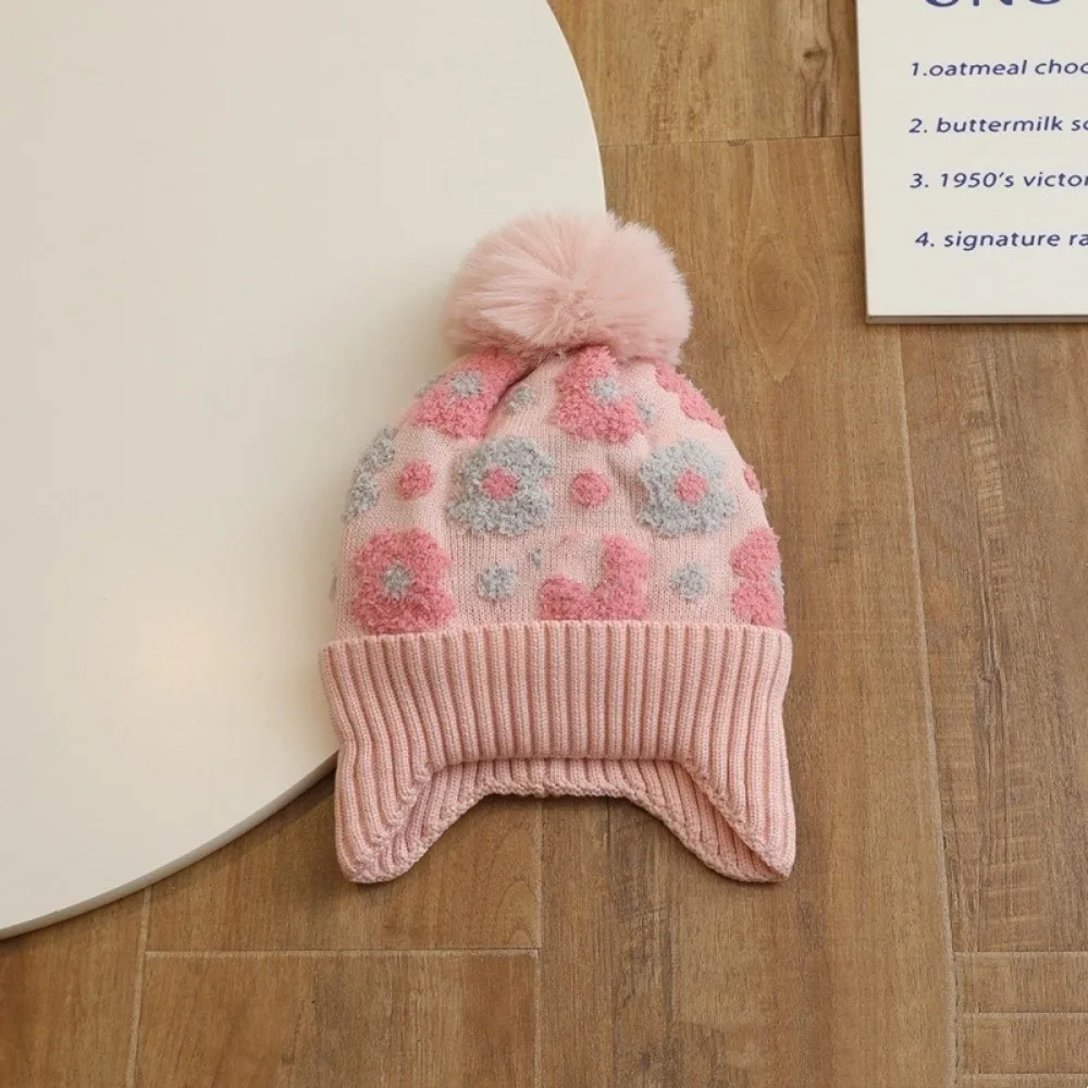 

New Winter Flower Ear Protector Hat Warm Windproof Toddler Bonnet 2-8Y Thicken Pompom Knitted Hats Children's Outdoor