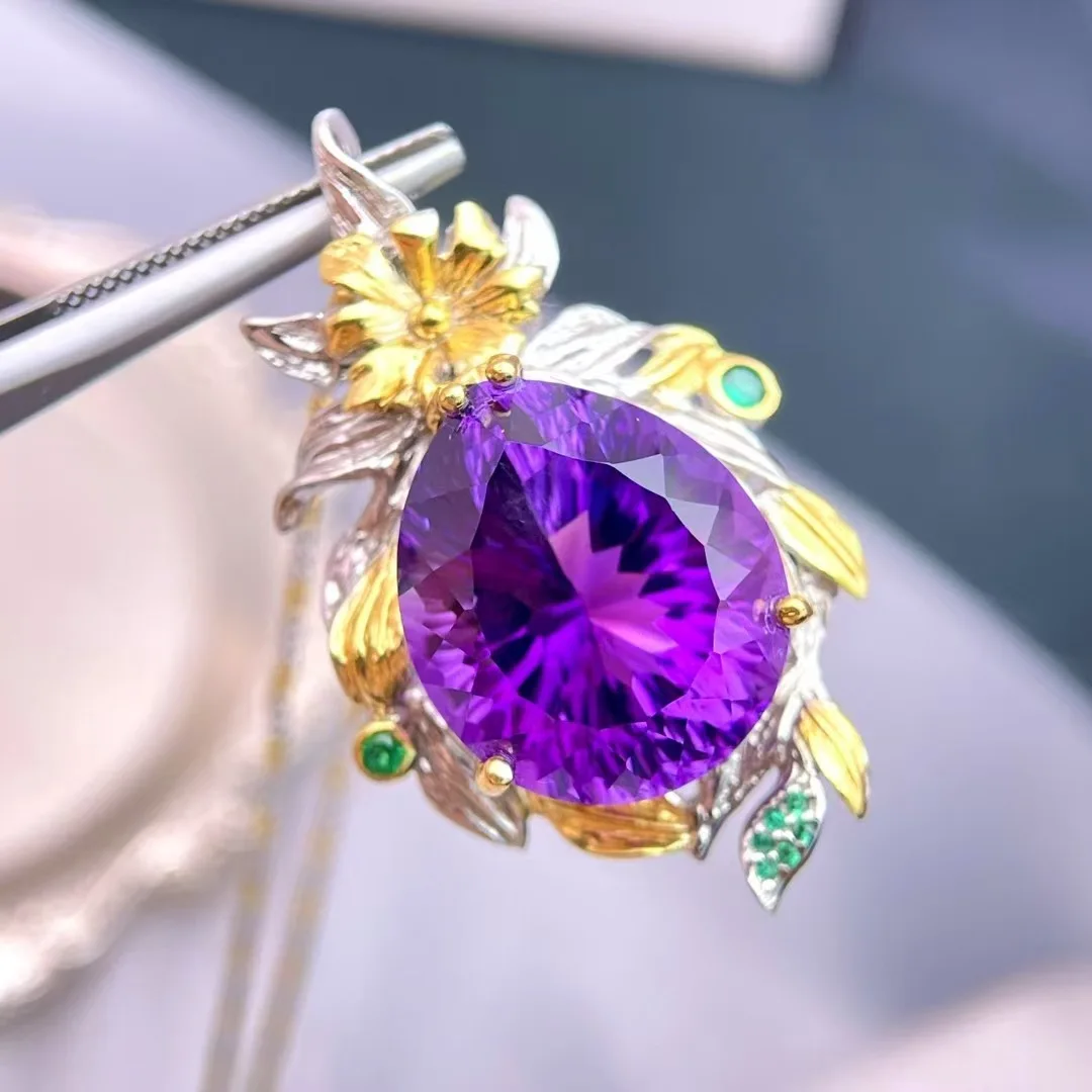 

Натуральный аметистовый кулон, серебро 925 пробы, двухцветная отделка, винтажный барокко, ручная работа, ювелирное украшение с кристаллами, подарок для женщин