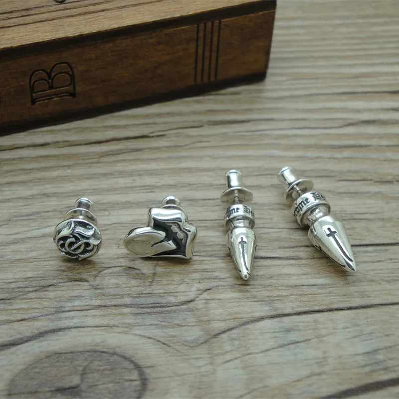 S925 sterling silver rose stud earrings retro personality rivets bullet Lickitung stud earrings hip hop men and women earrings