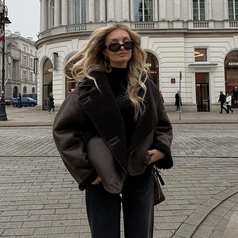 Chaqueta Bomber para mujer, chaqueta de piel sintética, abrigo de manga larga con botones para otoño e invierno, chaqueta gruesa informal Vintage para exteriores