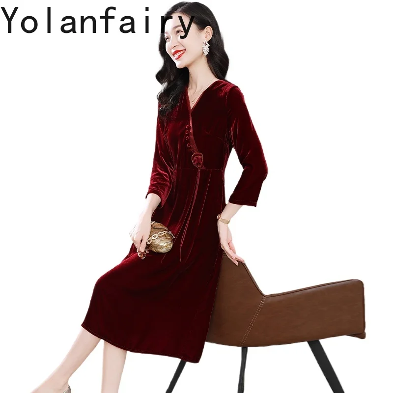 

YOLANFAIRY New High Quality Genuine Silk Velvet Dress Woman Autumn Luxury 2025 V-neck Elegant Dresses with Pockets Women Dress