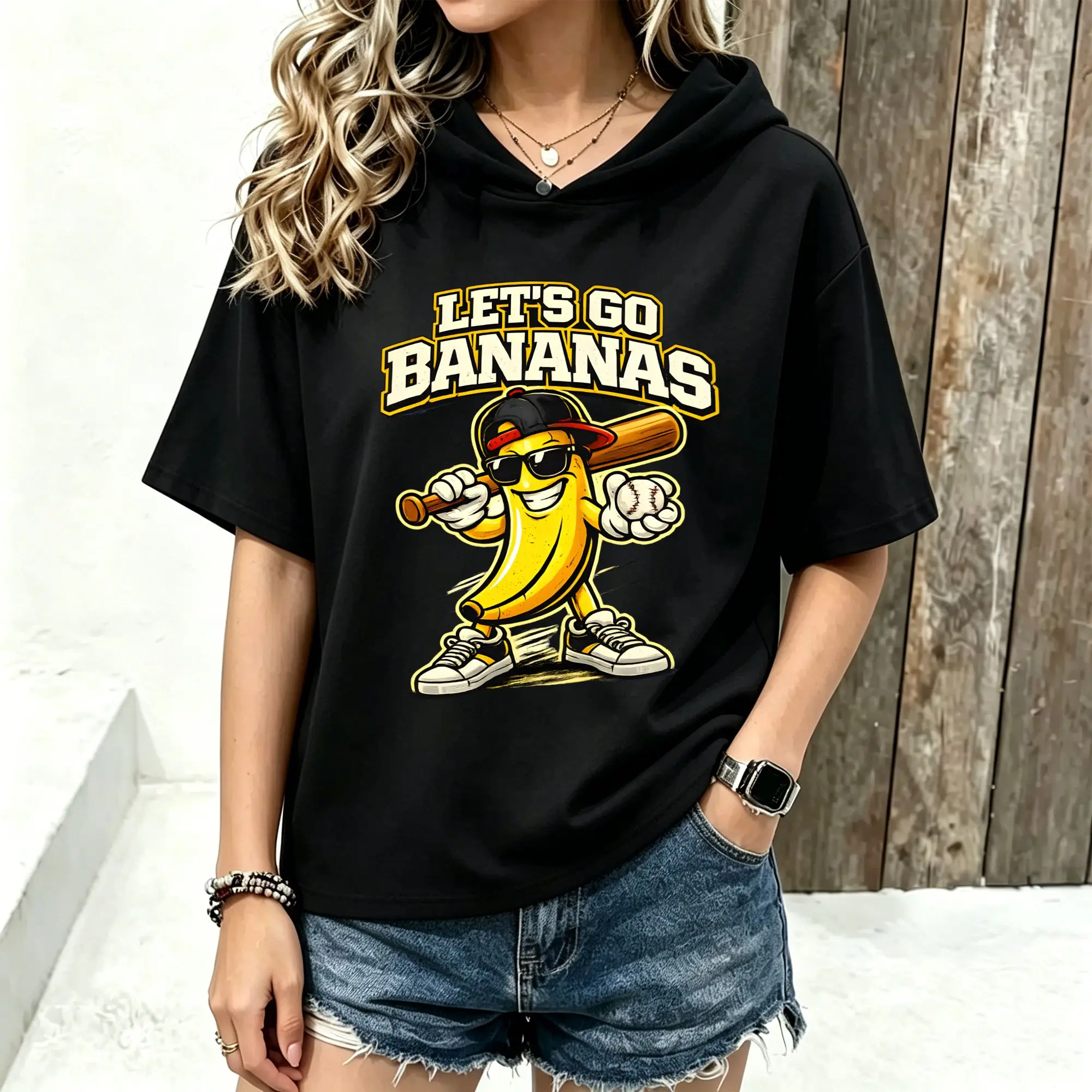 Women Short Sleeve Hooded T‑Shirt Let's Go Bananas Cartoon Baseball Banana Graphic Print Spring Summer Loose Hoodie Tee Streetwear Casual Short Sleeve Hood Tops