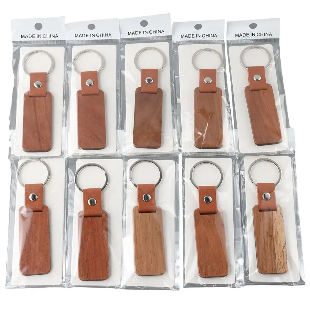 Walnut Wood Unfinished Wood Wooden Rectangle Wood Keychain Leather Leather Keychain DIY Engraving Gift