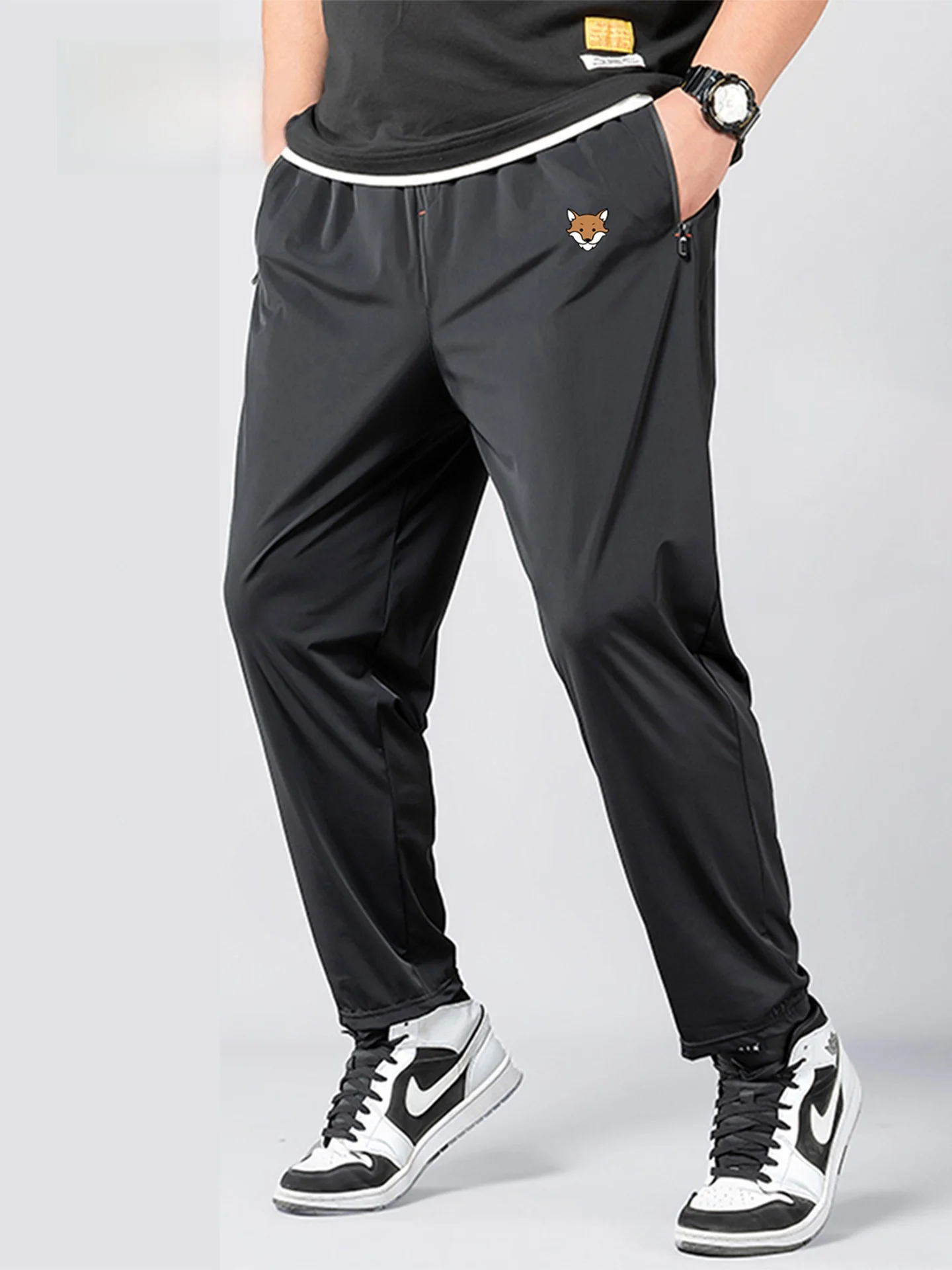 

Qui Dry Ice Silk Men's Sports Pants Thin Elastic Casual Long Outdoor Clothing April Brand Loose Fit Straight Leg mid Waist