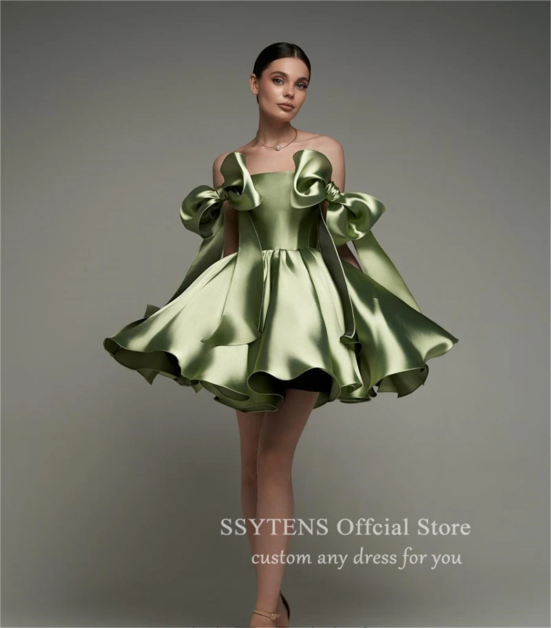 Green Short Satin Evening Dresses Spaghetti Straps With Bow Off the Shoulder Birthday Party Cocktail Dresses Lace-up Robe De Bal