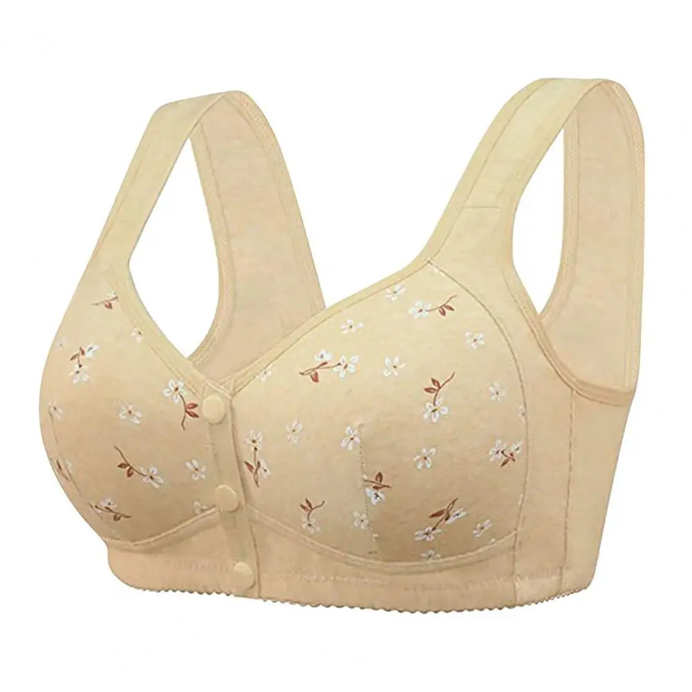 Soft Cup Bra Floral Print Plus Size Mother Bra with Wide Shoulder Straps Front Button Closure for Mid-aged Women Shockproof