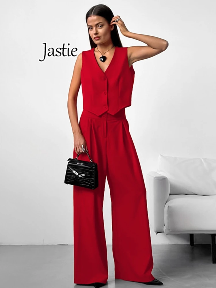Jastie 2024 Fashion Office Lady V-Neck Tops Casual Wide Leg Pants Outfit Summer Sleeveless Pink Pants Suits Women 2 Pieces Sets