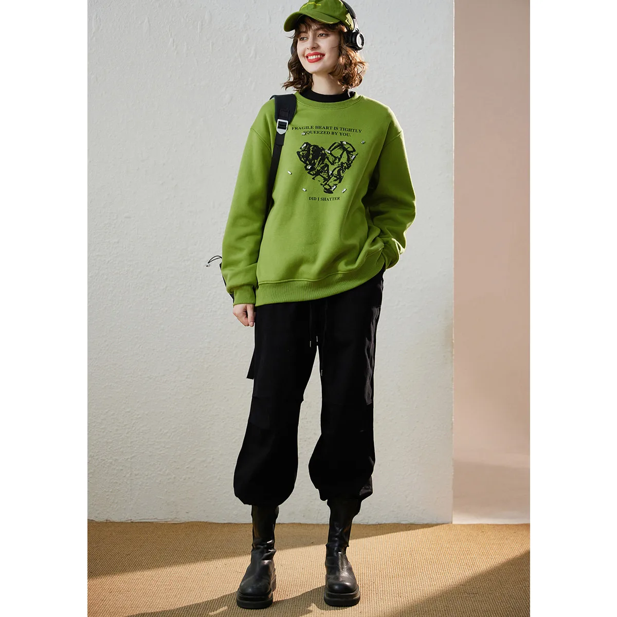 LOUIS YAO Printed Micro Elastic Long Sleeve Women's Sweatshirts 2025 Winter Tops Thick Velvet Loose Simple Round Neck Hoodies