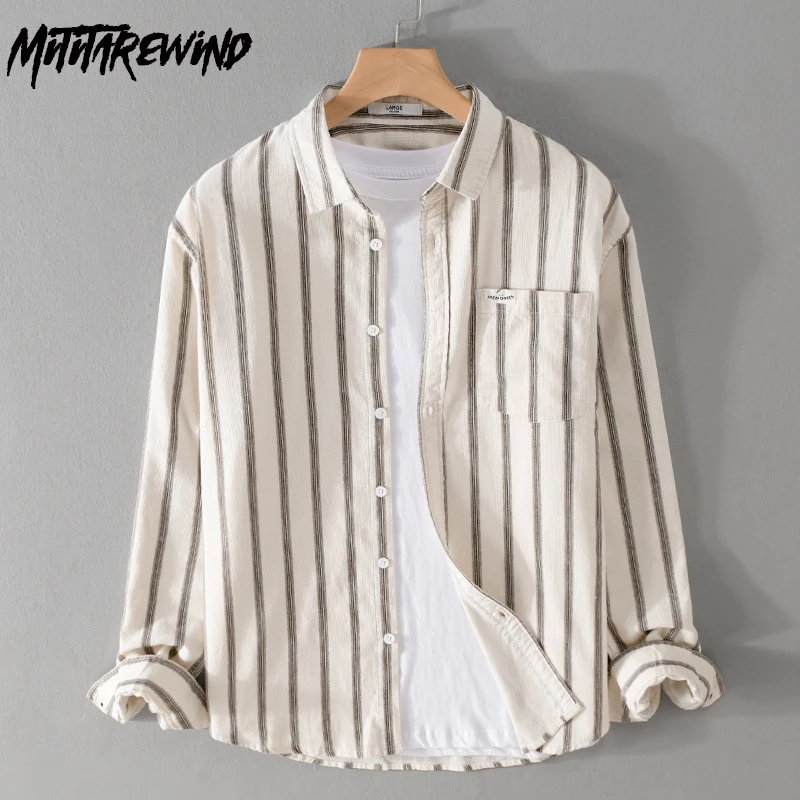 

Korean Style Men's Striped Shirt Spring and Autumn Daily Causal Long Sleeve Shirts Pure Cotton Tops Corduroy Clothes Simple Men