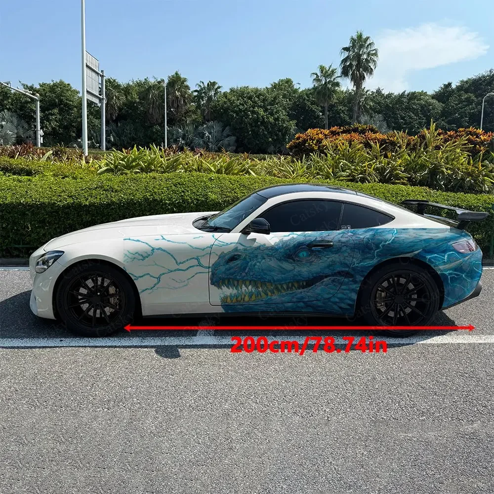 2pcs Blue Dragon with Lightning Car Side Wraps, Self-Adhesive PVC Waterproof & Scratch-Resistant Stickers, Car Accessory Gift